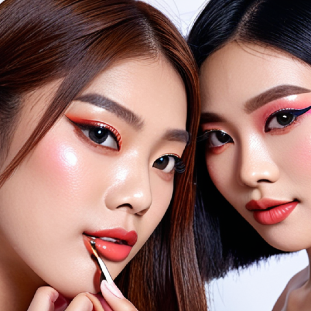 **Image Prompt:** A group of stylish Thai influencers (both male and female) showcasing different makeup looks using a specific cosmetic brand in a vibrant, modern Bangkok studio. Close-up shots highlight the makeup application process and the final results, emphasizing glowing skin and trendy styles popular in Thailand. The cosmetic brand's logo is subtly displayed.
