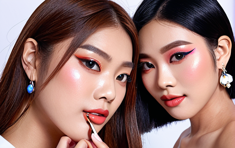 **Image Prompt:** A group of stylish Thai influencers (both male and female) showcasing different makeup looks using a specific cosmetic brand in a vibrant, modern Bangkok studio. Close-up shots highlight the makeup application process and the final results, emphasizing glowing skin and trendy styles popular in Thailand. The cosmetic brand's logo is subtly displayed.