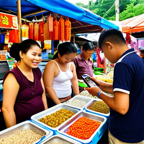 **

Prompt: A bustling Thai market scene with vendors showcasing products online using smartphones and tablets. Focus on bright colors, friendly interactions, and modern technology seamlessly integrated into traditional market life. Include elements like QR codes, social media icons, and a "Shop Now" button overlayed on a vendor's stall. The overall atmosphere should be energetic and inviting, reflecting the fusion of traditional Thai culture with digital marketing.

**