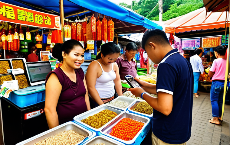**

Prompt: A bustling Thai market scene with vendors showcasing products online using smartphones and tablets. Focus on bright colors, friendly interactions, and modern technology seamlessly integrated into traditional market life. Include elements like QR codes, social media icons, and a "Shop Now" button overlayed on a vendor's stall. The overall atmosphere should be energetic and inviting, reflecting the fusion of traditional Thai culture with digital marketing.

**