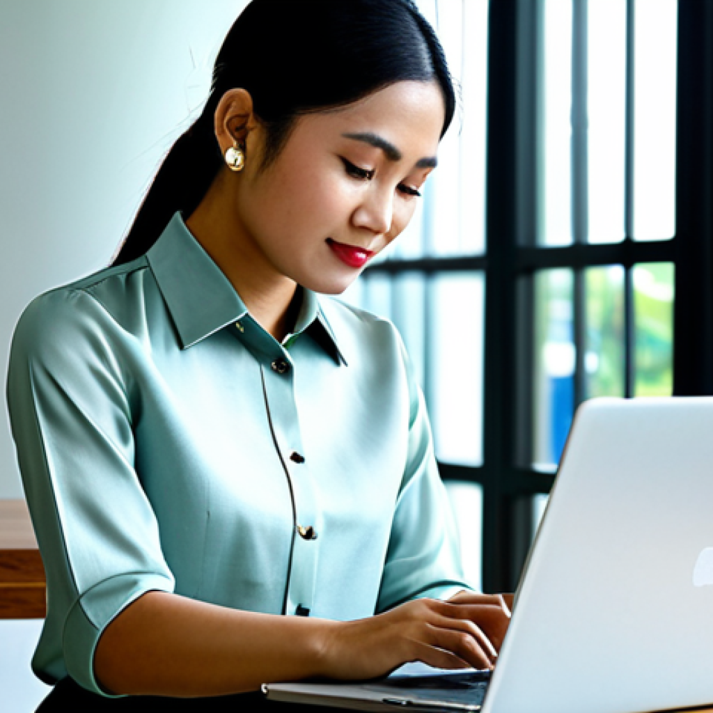 **

"A professional Thai businesswoman in a modest silk blouse and traditional skirt (ผ้าซิ่น), working on a laptop in a modern, sunlit co-working space in Bangkok. The background includes subtle Thai design elements. Fully clothed, appropriate attire, safe for work, perfect anatomy, natural proportions, professional, family-friendly, high quality."

**