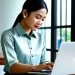 **

"A professional Thai businesswoman in a modest silk blouse and traditional skirt (ผ้าซิ่น), working on a laptop in a modern, sunlit co-working space in Bangkok. The background includes subtle Thai design elements. Fully clothed, appropriate attire, safe for work, perfect anatomy, natural proportions, professional, family-friendly, high quality."

**