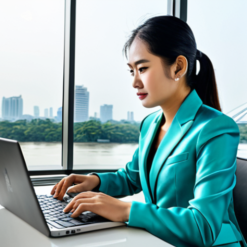 Home 21 **
A professional Thai businesswoman in a modern, modest silk suit, working on a laptop at a sleek desk in a bright, airy Bangkok office with a view of the Chao Phraya River. Fully clothed, appropriate attire, safe for work, perfect anatomy, natural proportions, professional photography, high quality.
**