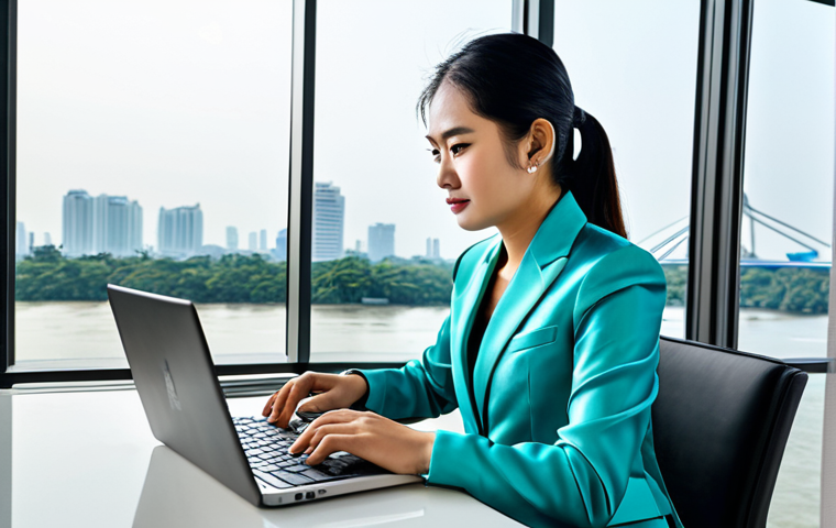 **

A professional Thai businesswoman in a modern, modest silk suit, working on a laptop at a sleek desk in a bright, airy Bangkok office with a view of the Chao Phraya River. Fully clothed, appropriate attire, safe for work, perfect anatomy, natural proportions, professional photography, high quality.

**