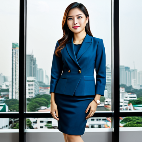 Home 20 **
"A professional marketing executive, female, in a stylish yet modest business dress, standing in a modern Bangkok office with a cityscape view, fully clothed, appropriate attire, safe for work, perfect anatomy, natural proportions, corporate photography, high quality, professional."
**