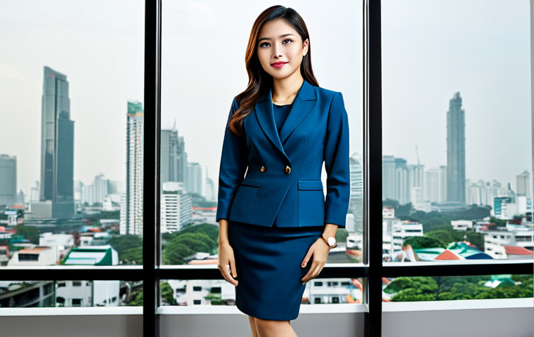**
"A professional marketing executive, female, in a stylish yet modest business dress, standing in a modern Bangkok office with a cityscape view, fully clothed, appropriate attire, safe for work, perfect anatomy, natural proportions, corporate photography, high quality, professional."
**