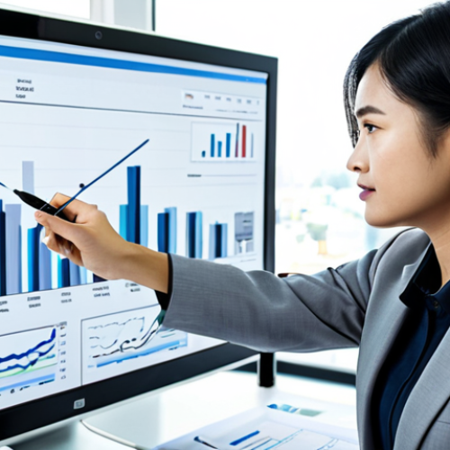 Home 19 Data-Driven Marketing**
A brightly lit, modern office setting. A Thai businesswoman in a modest business suit is analyzing charts and graphs on a large monitor. The graphs depict marketing performance data. She is pointing to a key insight with a pen. Emphasis on professional data analysis and strategic thinking. "safe for work", "appropriate content", "fully clothed", "professional", "perfect anatomy", "correct proportions", "natural pose", "well-formed hands", "proper finger count", "natural body proportions".
**