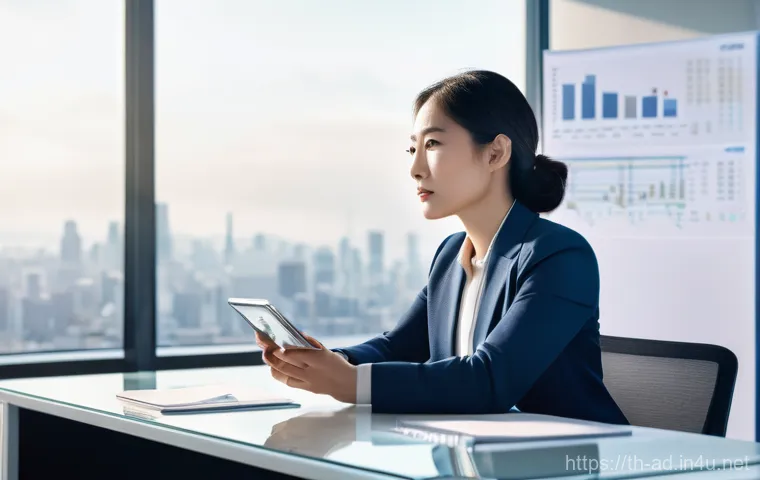 광고홍보사와 광고 제작 툴 활용 - **Prompt:** A focused, professional East Asian businesswoman in her early 30s, dressed in smart casu...