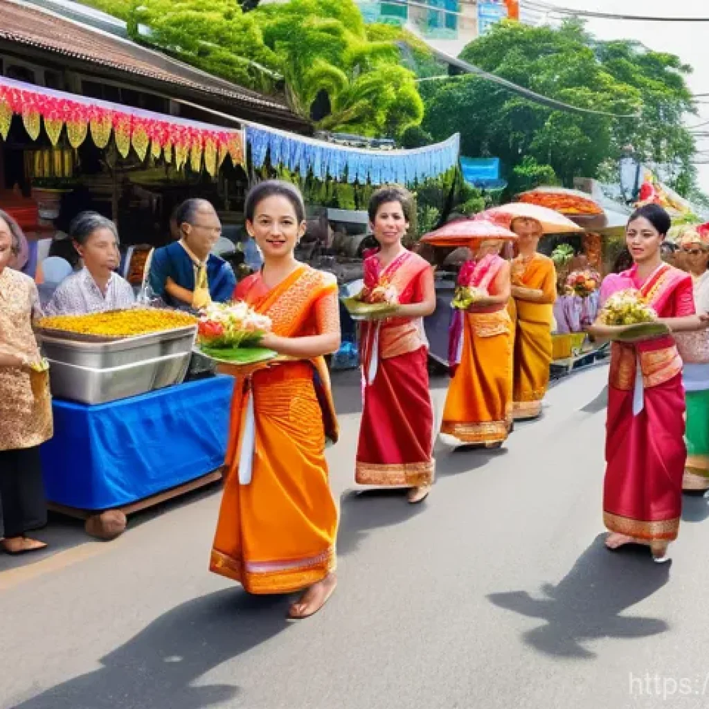 광고홍보사와 광고 트렌드 분석 - A lively traditional Thai festival street scene during the daytime. People of all ages are joyfully ...