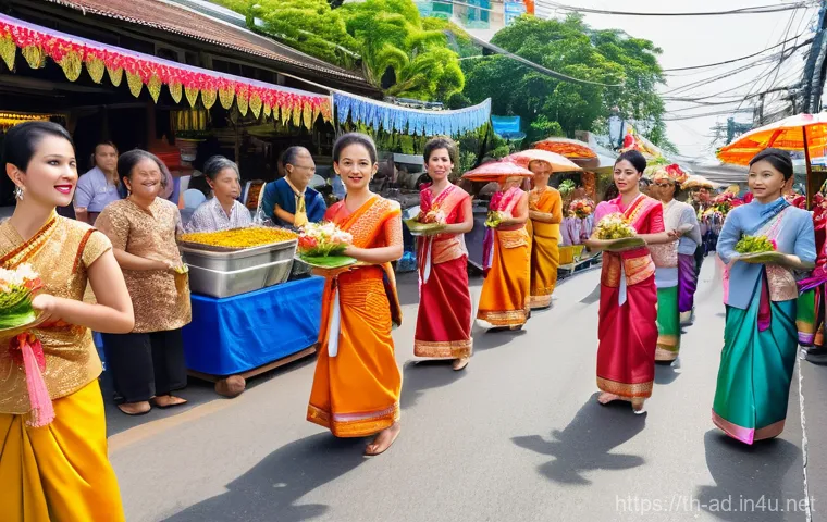 광고홍보사와 광고 트렌드 분석 - A lively traditional Thai festival street scene during the daytime. People of all ages are joyfully ...