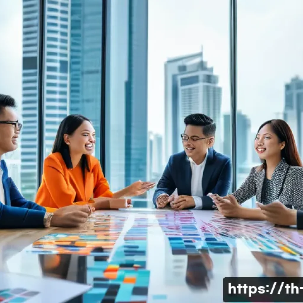 광고홍보사와 전통 광고의 현대화 - A modern digital marketing office scene in Bangkok, Thailand, featuring a diverse team of young Thai...