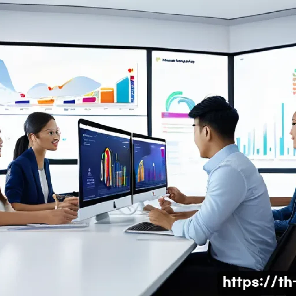 광고홍보사와 고객 분석 툴 활용 - A detailed digital marketing strategy meeting in a modern Thai office, featuring diverse Thai profes...