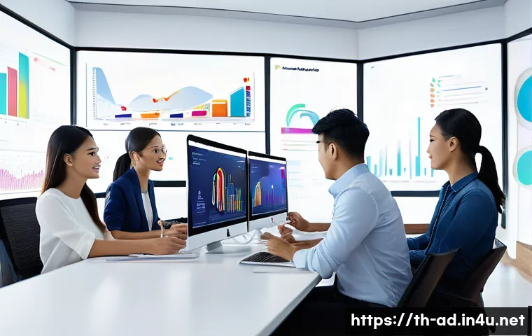 광고홍보사와 고객 분석 툴 활용 - A detailed digital marketing strategy meeting in a modern Thai office, featuring diverse Thai profes...