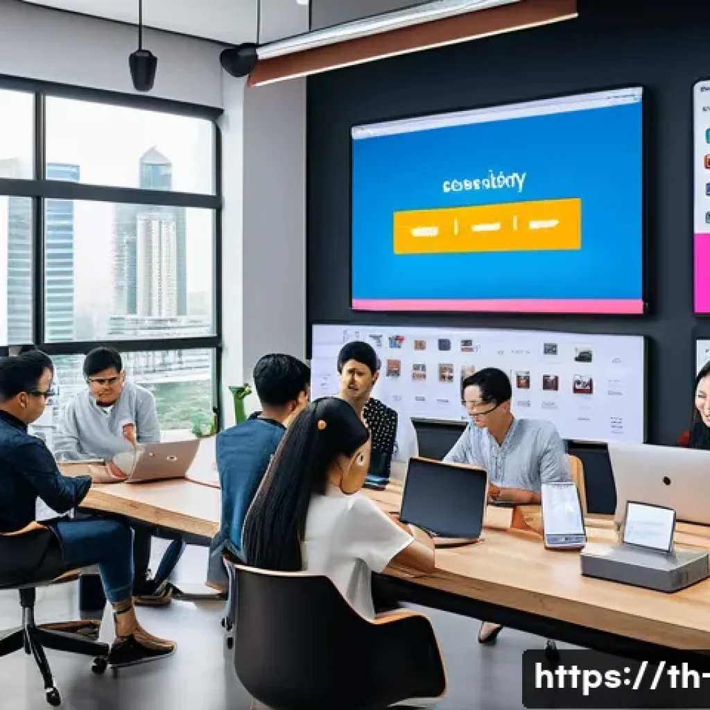 광고홍보사와 최신 광고 제작 도구 - A modern digital marketing team collaborating in a bright, open office in Bangkok, Thailand, featuri...
