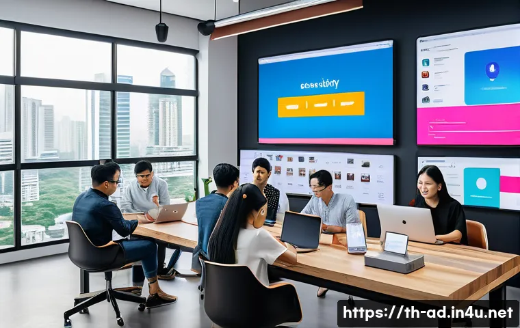 광고홍보사와 최신 광고 제작 도구 - A modern digital marketing team collaborating in a bright, open office in Bangkok, Thailand, featuri...