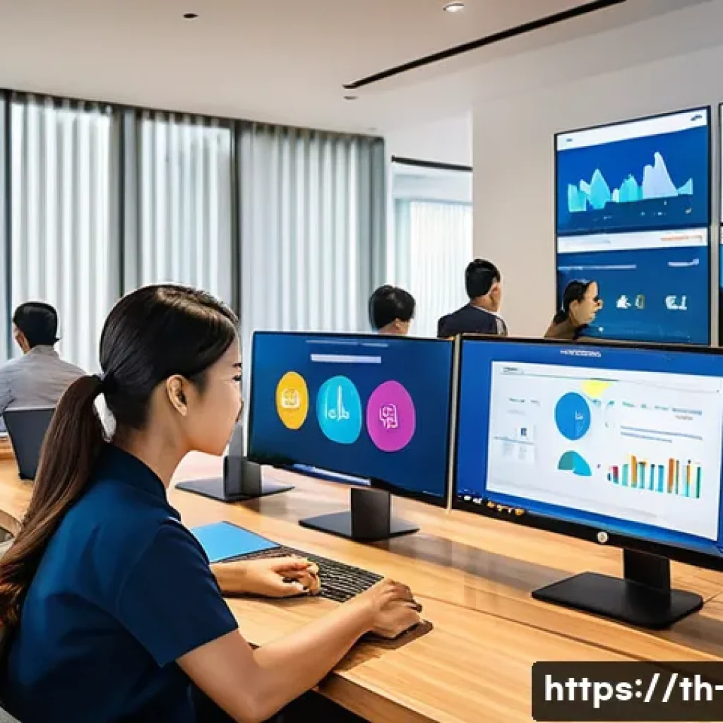 광고홍보사와 크리에이티브 디자인 전략 - A modern digital marketing office scene featuring a diverse Thai team analyzing consumer behavior da...