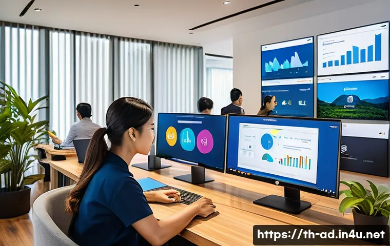 광고홍보사와 크리에이티브 디자인 전략 - A modern digital marketing office scene featuring a diverse Thai team analyzing consumer behavior da...