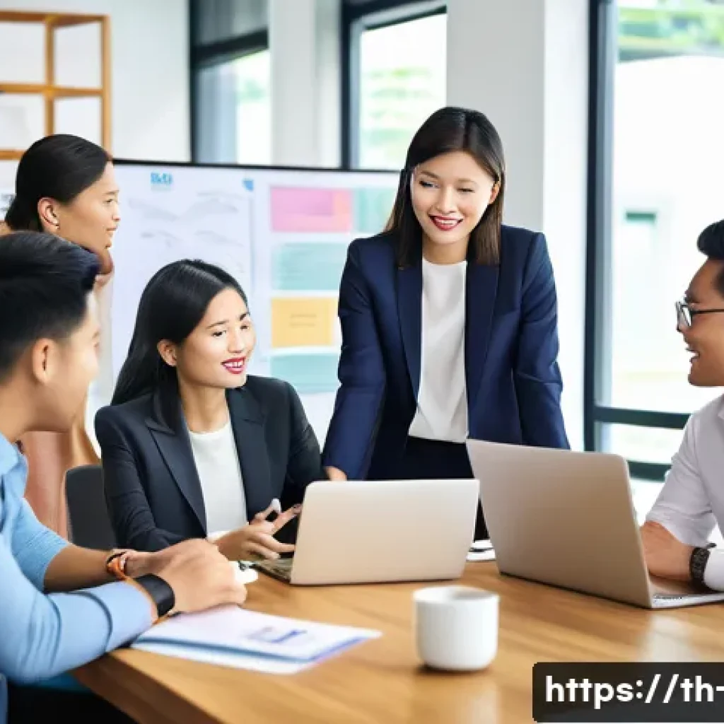 광고홍보사와 기업 내 광고팀 운영 - A diverse team of Thai marketing professionals collaborating in a modern office setting, featuring a...