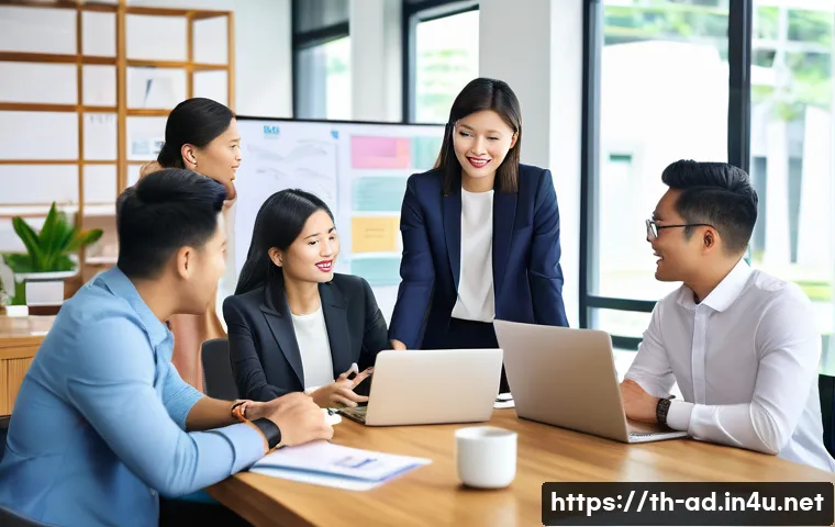 광고홍보사와 기업 내 광고팀 운영 - A diverse team of Thai marketing professionals collaborating in a modern office setting, featuring a...