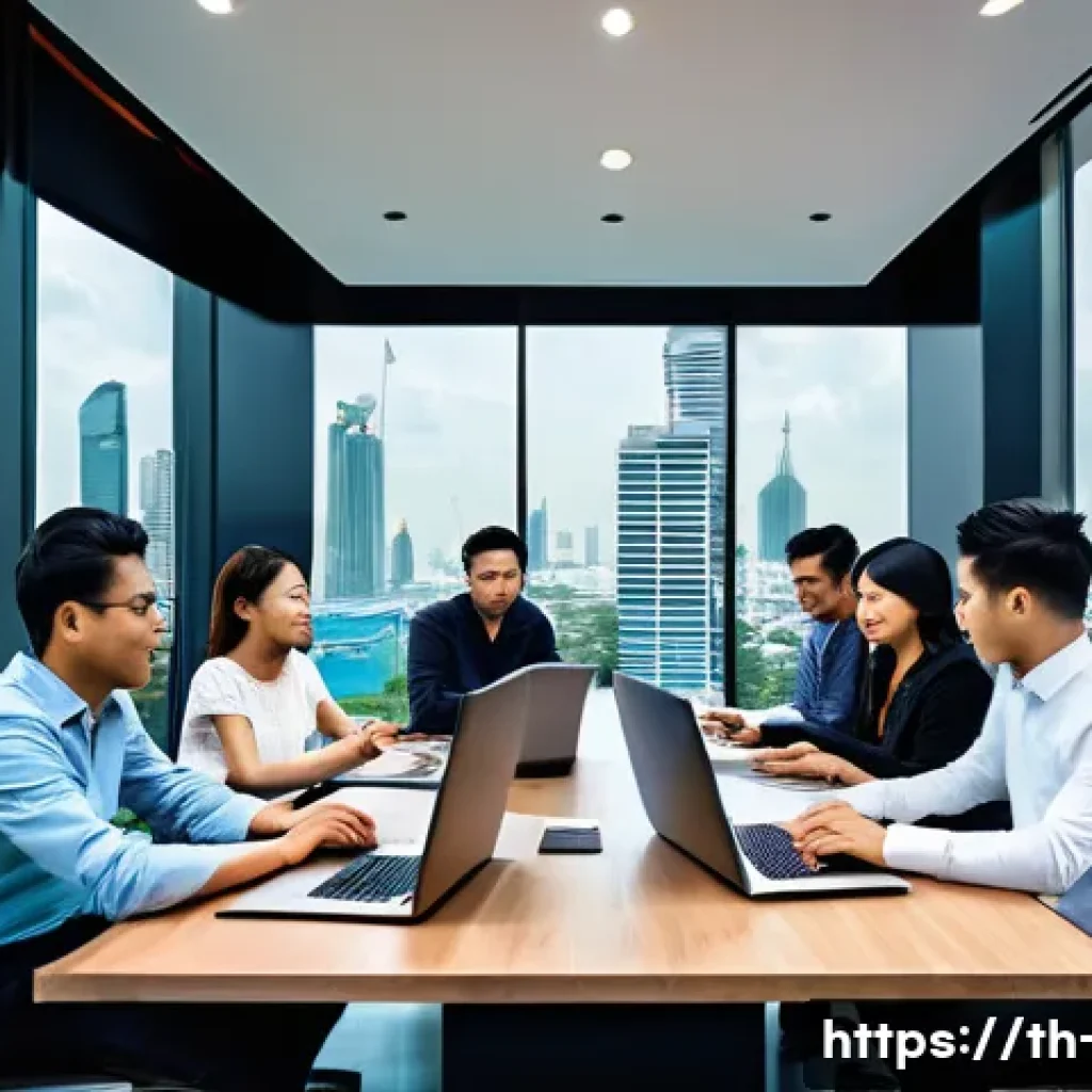광고홍보사와 광고 제작 팀워크 - A modern advertising agency meeting room in Bangkok, Thailand, showing a diverse team of young Thai ...