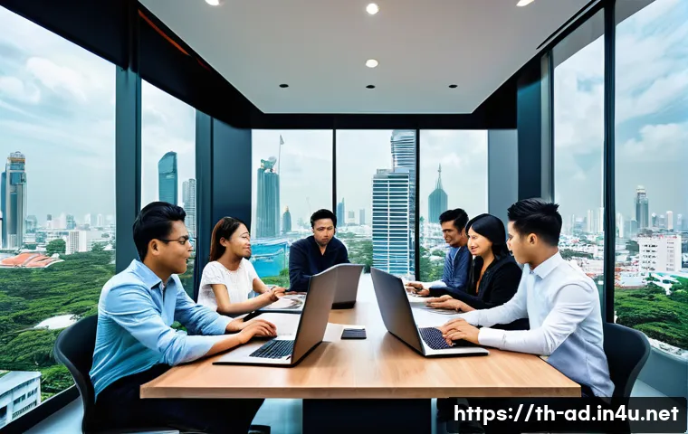 광고홍보사와 광고 제작 팀워크 - A modern advertising agency meeting room in Bangkok, Thailand, showing a diverse team of young Thai ...