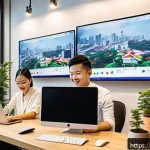 광고홍보사와 신생 브랜드 광고 성공 전략 - A modern Thai digital marketing office scene, showing young professionals collaborating on a social ...