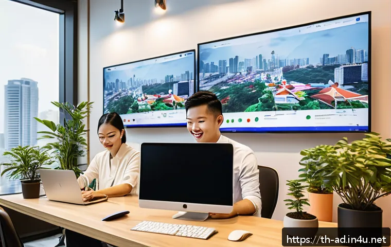 광고홍보사와 신생 브랜드 광고 성공 전략 - A modern Thai digital marketing office scene, showing young professionals collaborating on a social ...