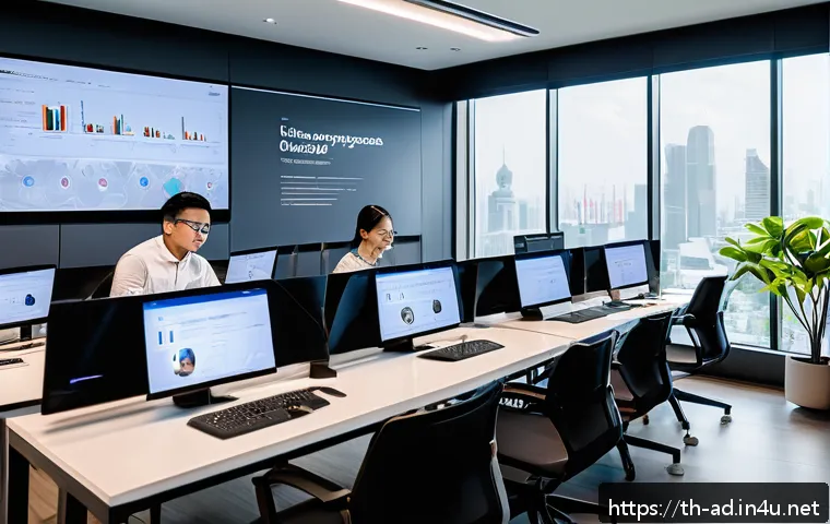 광고홍보사와 경쟁사 광고 분석 - A modern Thai marketing team in a bright, contemporary office setting analyzing competitor advertisi...