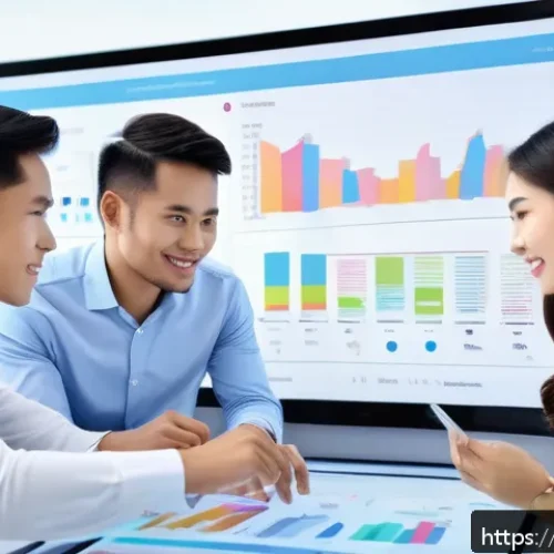 광고홍보사 AI 활용법 - A modern Thai digital marketing office scene showing a diverse team analyzing real-time customer dat...