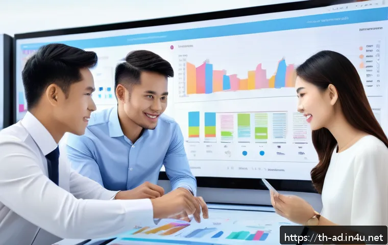 광고홍보사 AI 활용법 - A modern Thai digital marketing office scene showing a diverse team analyzing real-time customer dat...