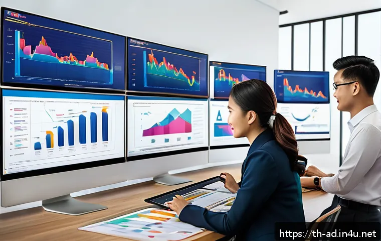 광고홍보사와 광고 데이터 분석 사례 - A modern Thai digital marketing office scene with a diverse team of professionals analyzing colorful...