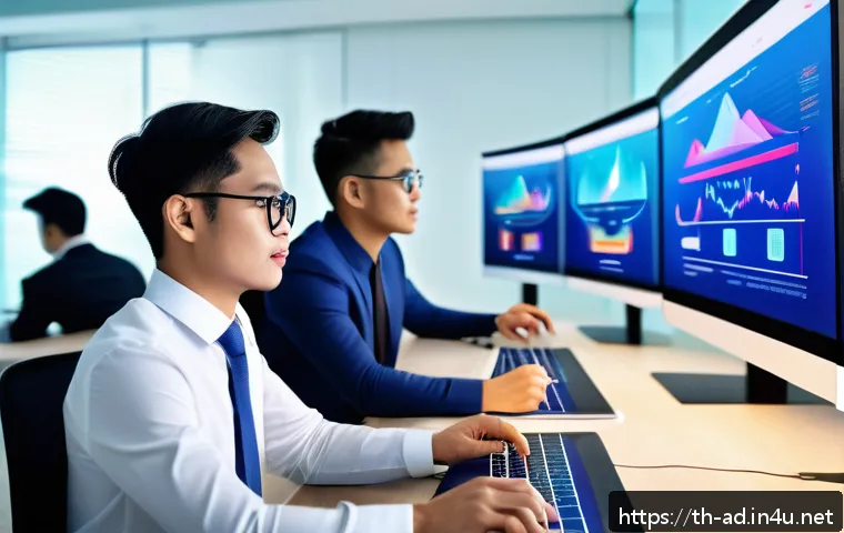 광고홍보사와 새로운 광고 매체 활용 - A modern marketing office scene showing a diverse group of young Thai professionals analyzing digita...