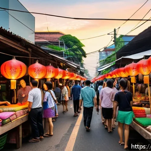 광고홍보사와 디지털 전환 사례 - A vibrant street market scene in Bangkok at sunset, with local Thai vendors selling colorful traditi...
