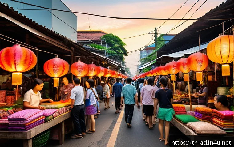 광고홍보사와 디지털 전환 사례 - A vibrant street market scene in Bangkok at sunset, with local Thai vendors selling colorful traditi...