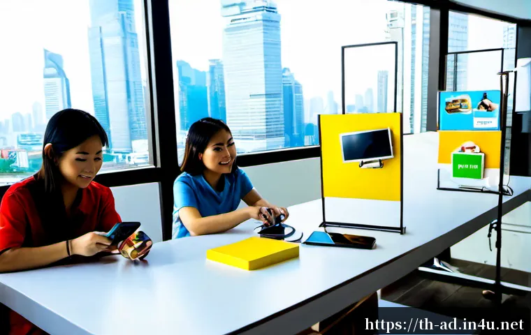 광고홍보사와 실험적 광고 기법 - Photorealistic Bangkok advertising agency creative workshop, diverse Thai marketing team gathered ar...